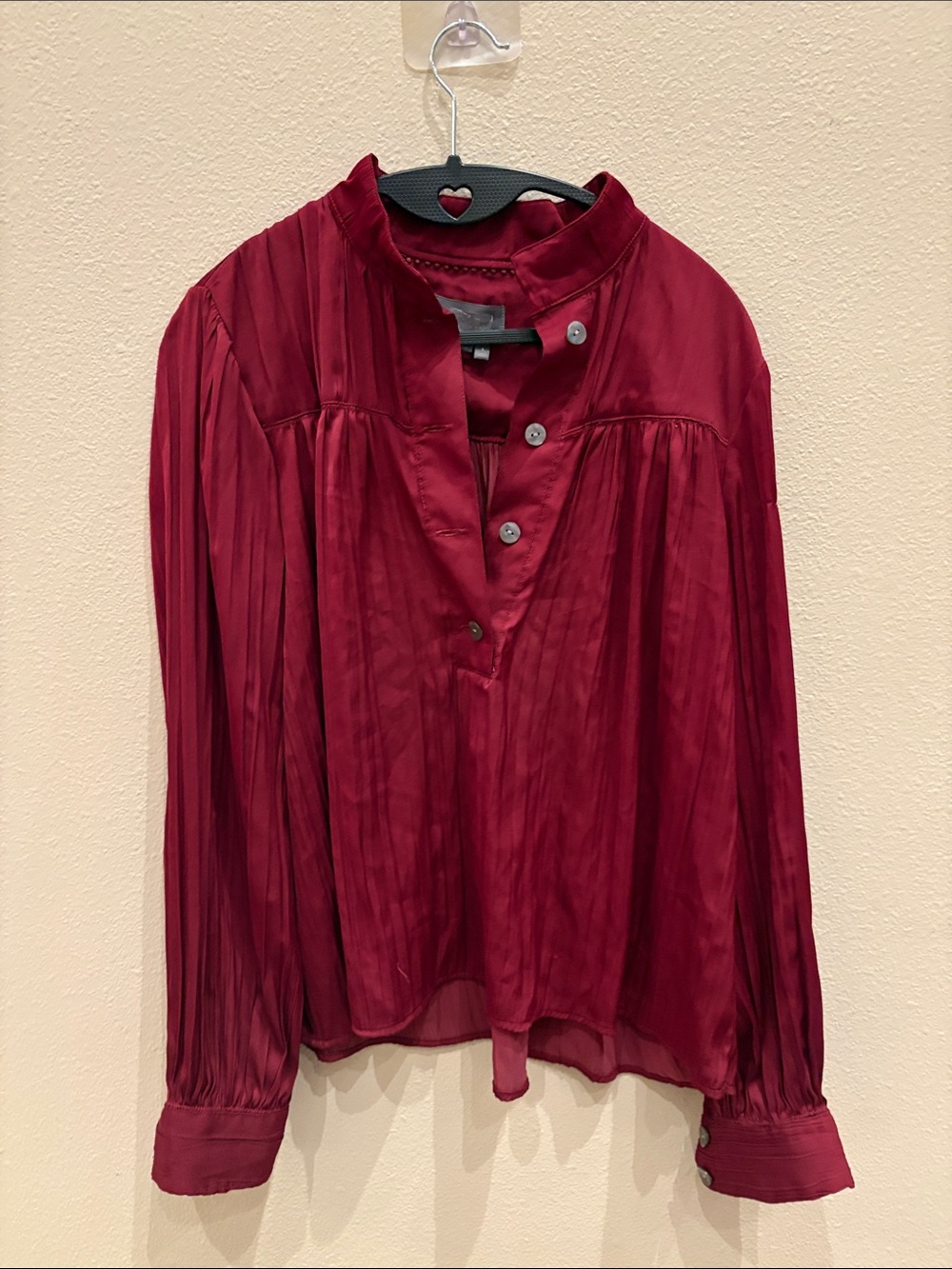 Anthropologie Wine-Red Pleated Button-Up Blouse